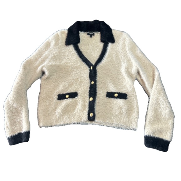 Express Sweaters - Express Tipped Faux Fur Novelty 4 Button  Cardigan Cream Black Trim Sz M